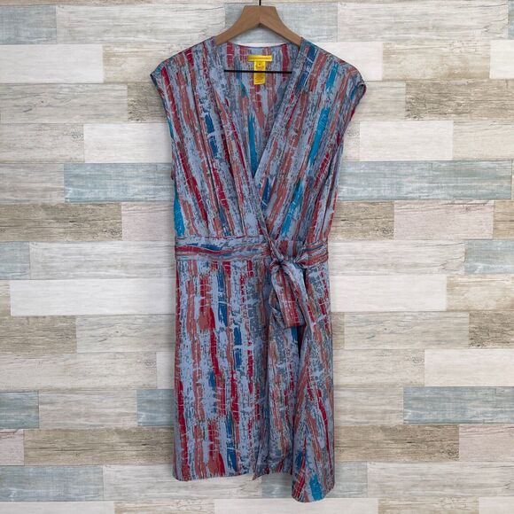 Catherine Malandrino Silk Tie Wrap Dress Blue Print Pleated Casual Womens 10 - Picture 2 of 8